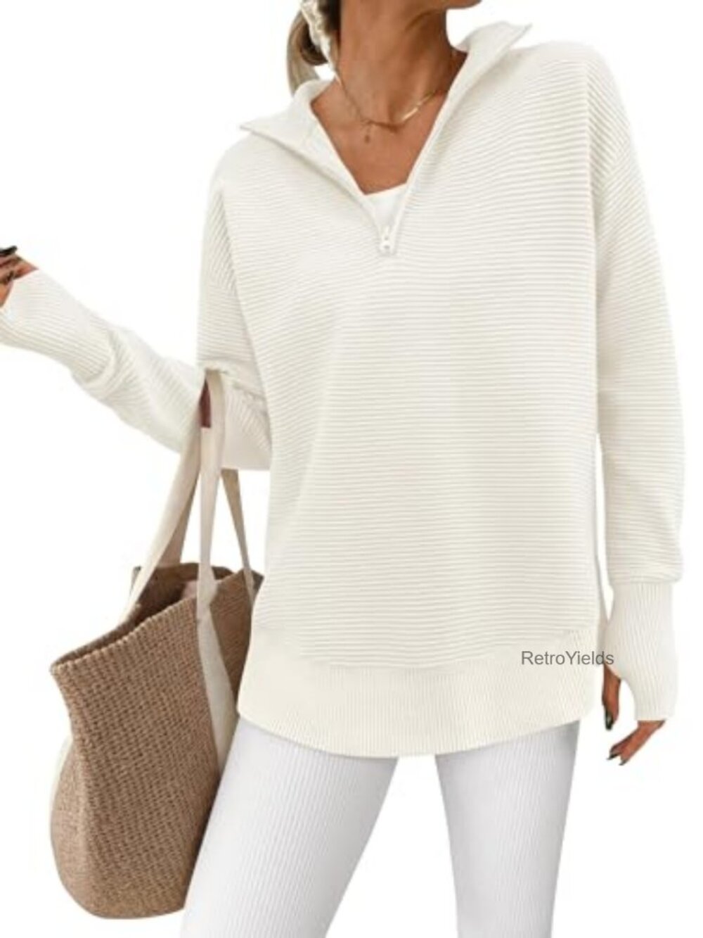 Women's Long Sleeve Quarter Zip Pullover Sweater with Thumb Holes